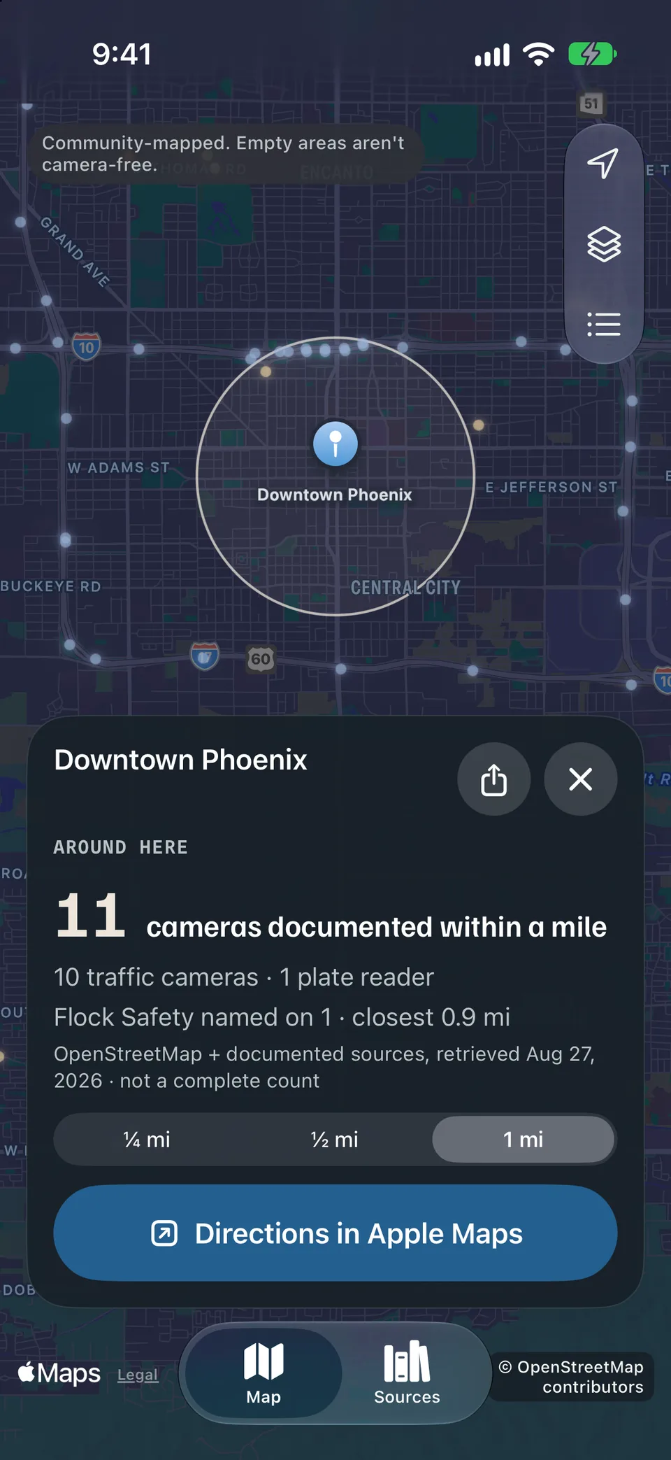 Nova Vista app, Around here: a one-mile ring over downtown Phoenix and a card reading 11 cameras documented within a mile, with its sources and retrieval date.