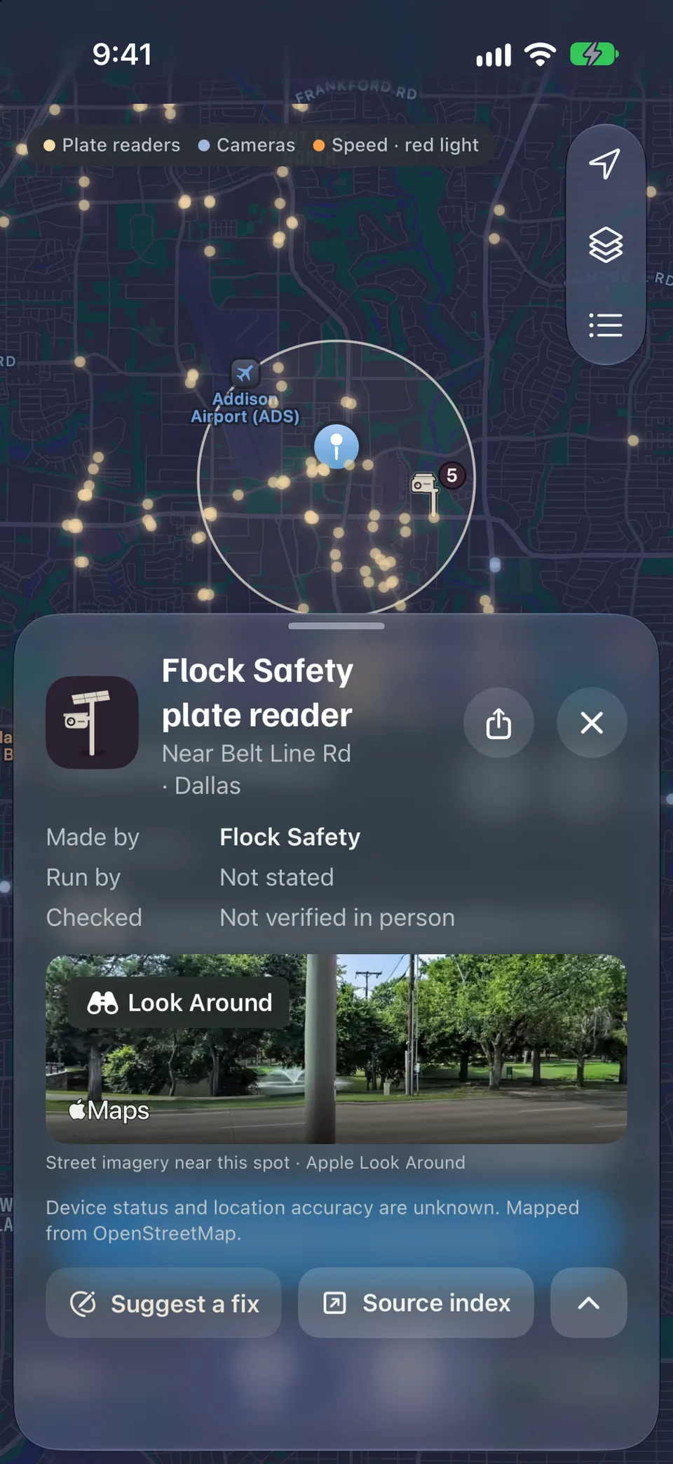 Nova Vista app, a camera card: Flock Safety plate reader near Belt Line Road in Dallas, made by Flock Safety, run by not stated, not verified in person, with Apple Look Around imagery.
