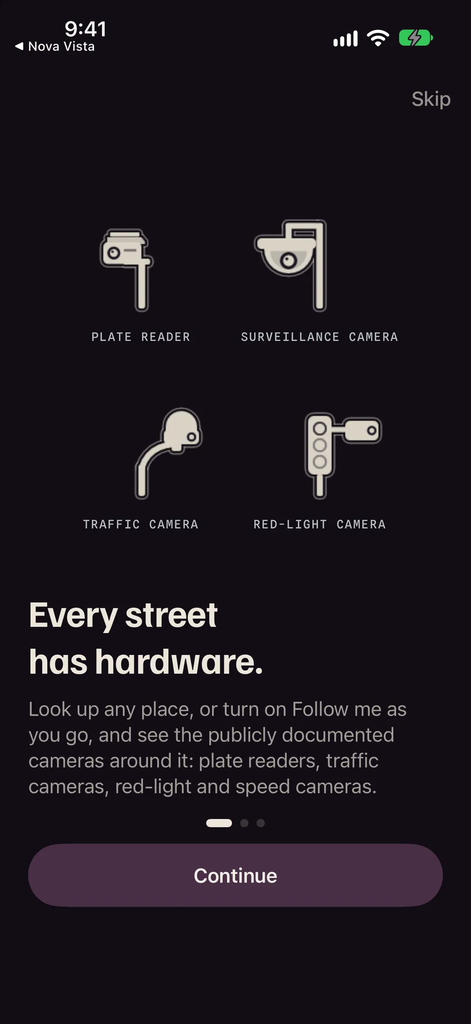 Nova Vista app introduction: Every street has hardware, with drawings of a plate reader, surveillance camera, traffic camera and red-light camera.