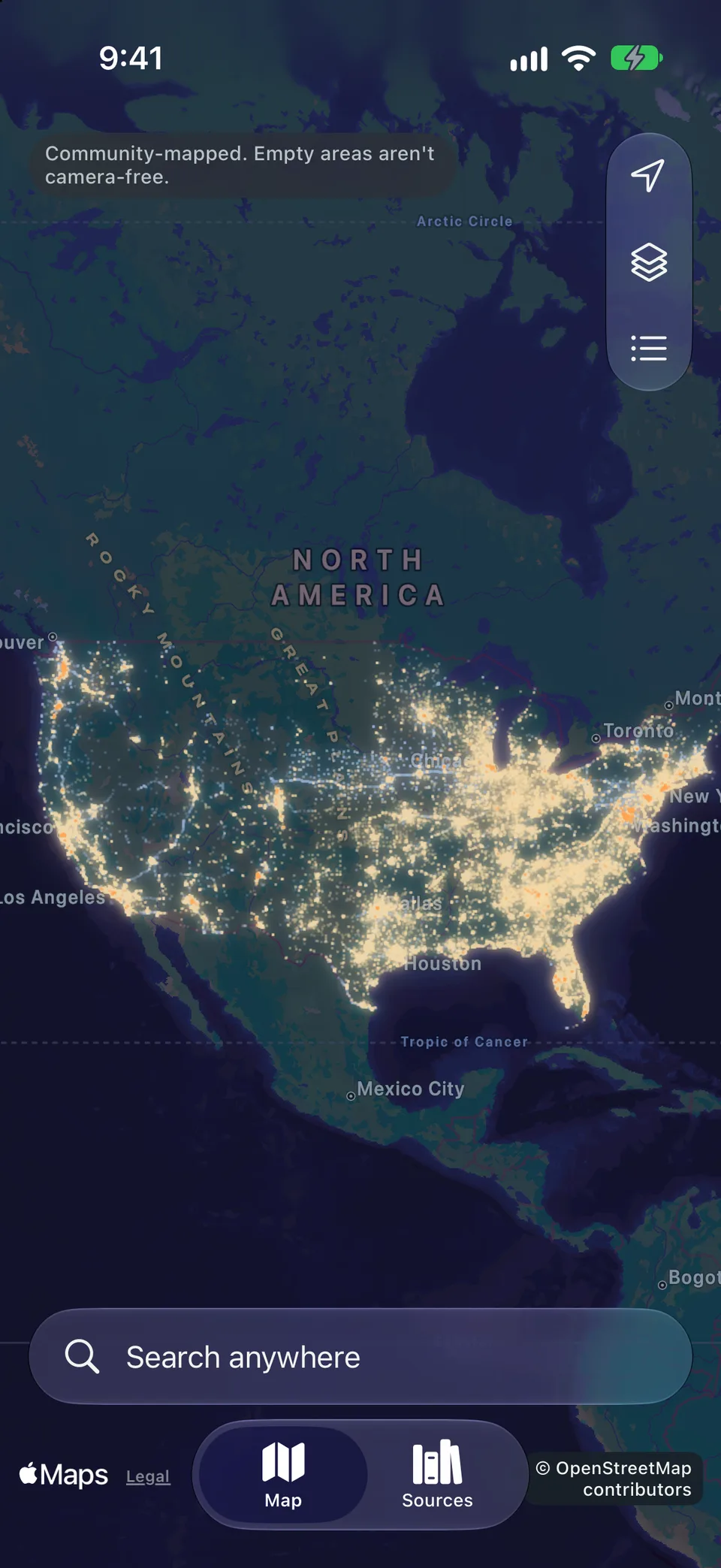 Nova Vista app at night: documented camera records across the United States glowing gold on a dark map.