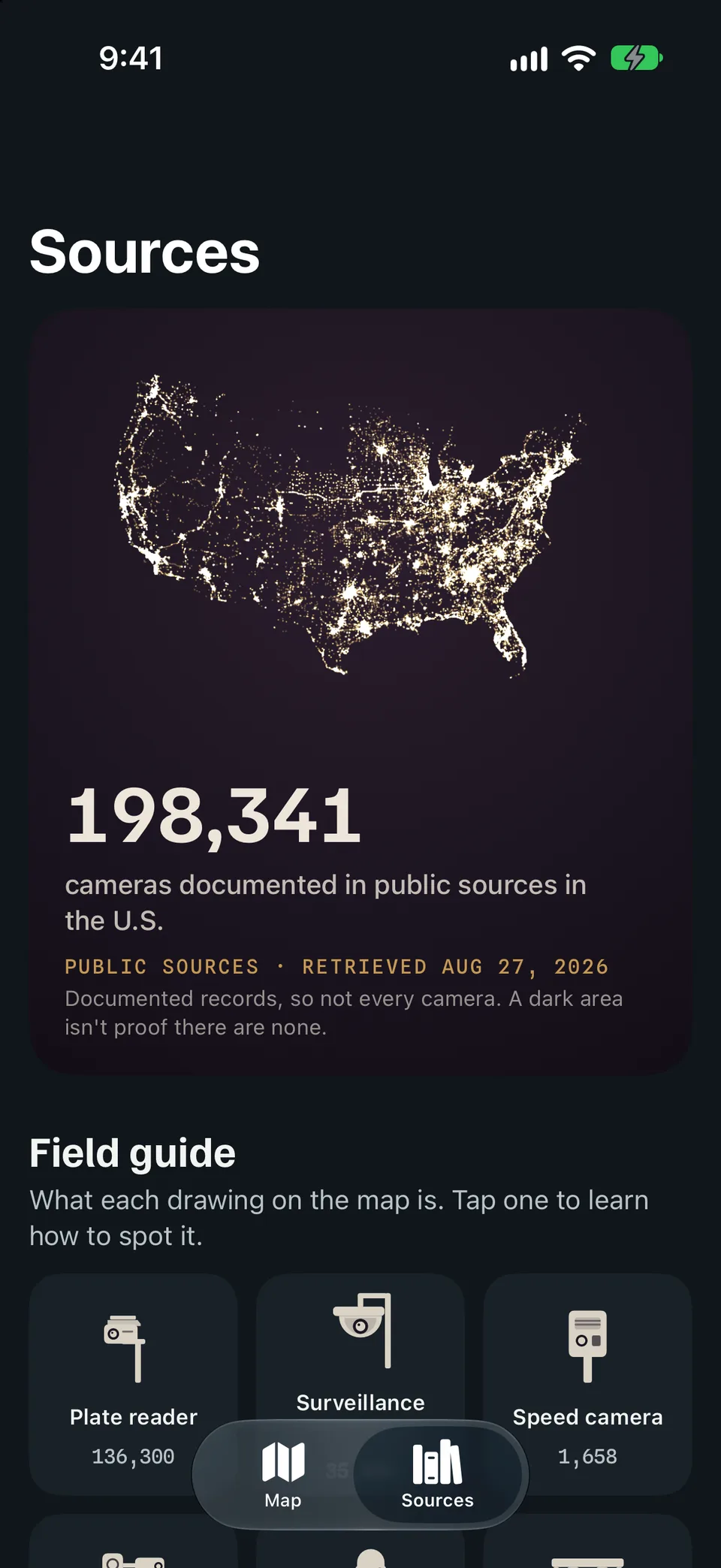 Nova Vista app, Sources: 198,341 cameras documented in public sources in the U.S., with a field guide of camera types.